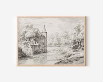 Impresión de un arroyo con un paisaje de castillo / Boceto de agua en un bosque neerlandés / Ilustración de un dibujo de un edificio / Arte mural imprimible digitalmente