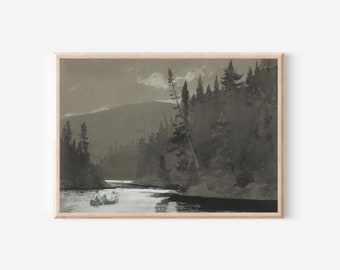 Canoe Vintage Three Men Landscape Print | Dark Moody Country Forest Lake |  Antique Night Watercolor Painting | Digital PRINTABLE Wall Art