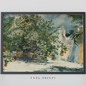 Vintage Farmhouse Orange Trees Print Spring Fruit Tree Country Garden Farm White Gate Oil Painting Digital PRINTABLE Wall Art image 2