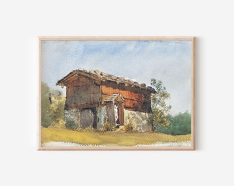 Impression vintage de décor de ferme | Jardin champêtre printanier | Peinture au graphite aquarelle de bâtiment autrichien de cour de ferme | Art mural imprimable numérique