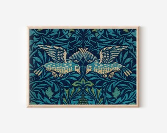 Estampa floral vintage com estampa de pássaros | Papel de parede de tecido antigo com flores | Tecido rústico de primavera | Arte de parede digital para impressão