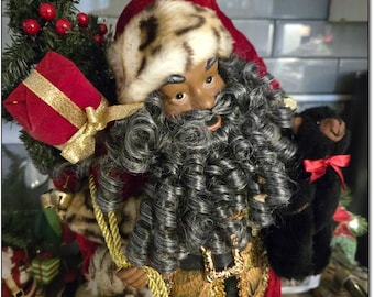 Vintage 2002 North Pole Trading Co. Rare, 18” Black Teddy Bear Santa, Burgundy Velvet with Gold & Cheetah Trim. 60 Dollars. OPDC-S018