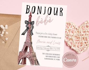 French Baby Shower Invitation Template | Paris Baby Shower | Bonjour Bebe Shower | Eiffel Tower Baby Shower Template Editable | French Baby