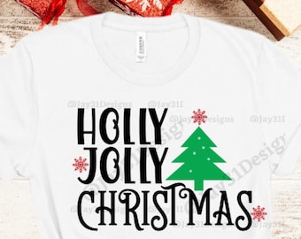 May include: White t-shirt with black text that reads "Holly Jolly Christmas" with a green Christmas tree and red snowflakes.