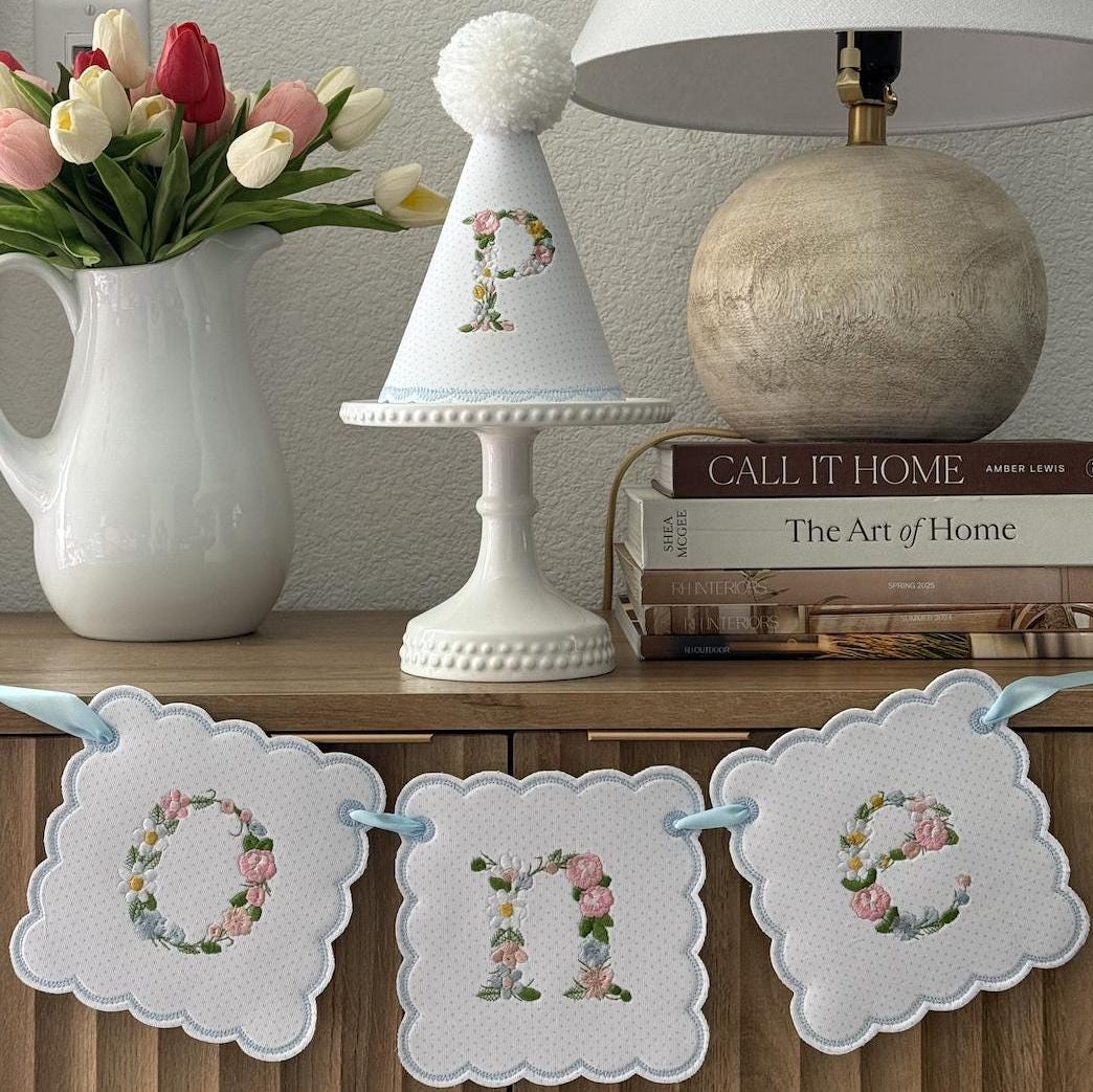 Baby Blue ONE Swiss Dot Floral Birthday Scalloped Banner. First ...