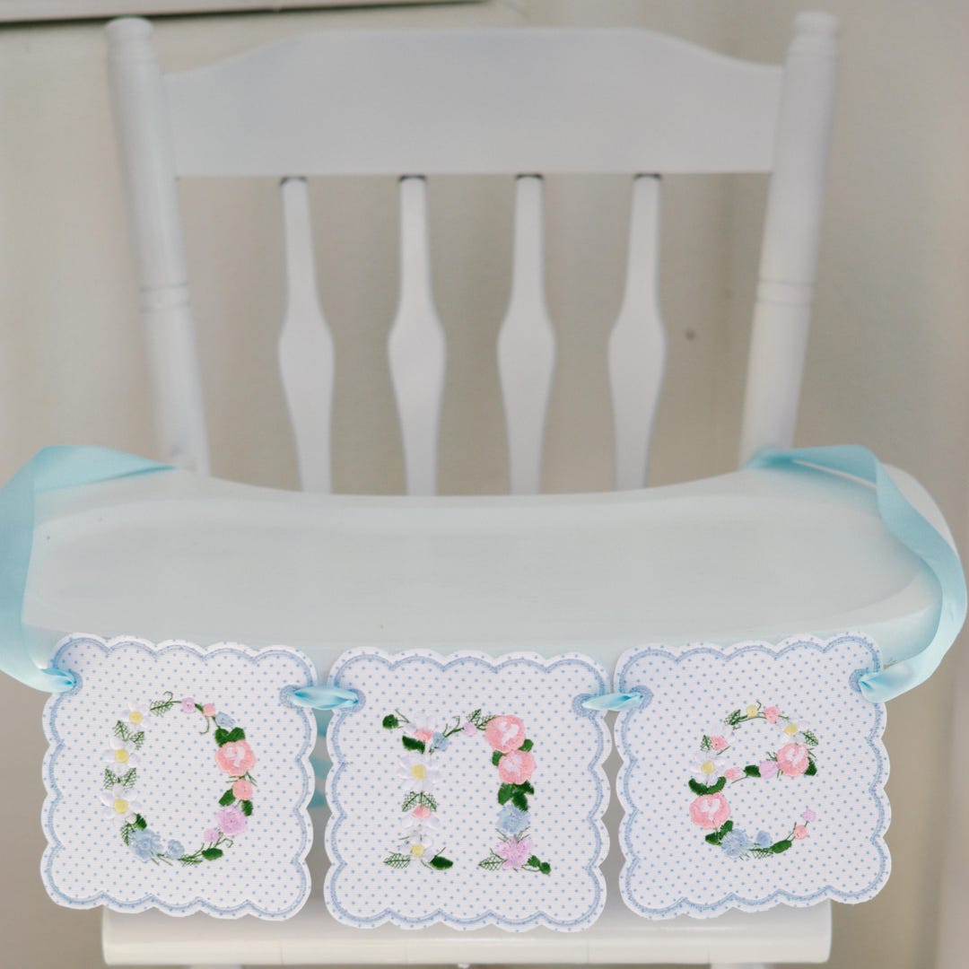 Baby Blue ONE Swiss Dot Floral Birthday Scalloped Banner. First ...