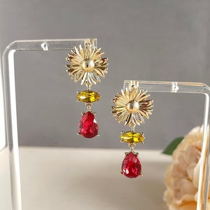 Gold Flower Drop Earrings: Gem Floral Statement Earrings