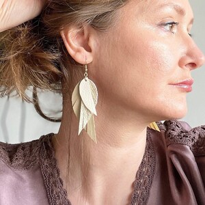 Leather Feather Earrings: Beige Boho Statement Jewelry
