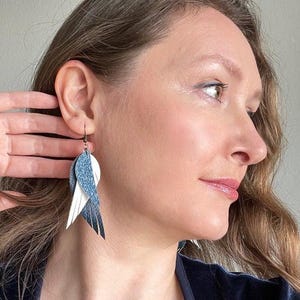 Blue Leather Feather Earrings: Boho Wing Statement Jewelry