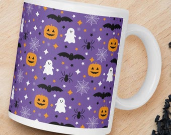 Halloween Pattern Coffee Mug, Bats, Ghosts, Pumpkins