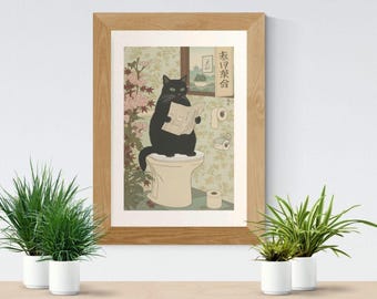 Arte com gato preto japonês no vaso sanitário, impressão fosca | Arte de parede divertida para banheiro