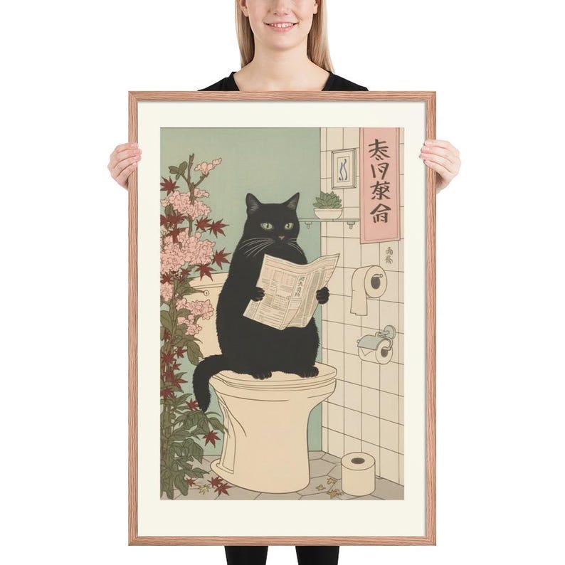 Japanese Black Cat on Toilet Oak Frame Art Matte Print | Funny Bathroom ...