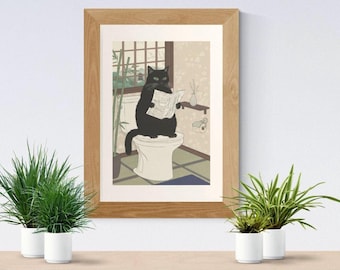 Gato preto japonês no vaso sanitário (Download digital): Arte de parede divertida para banheiro