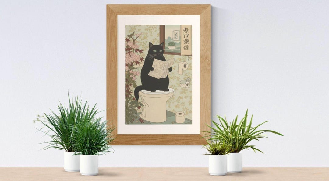 Japanese Black Cat on Toilet Art (digital Download): Funny Bathroom ...