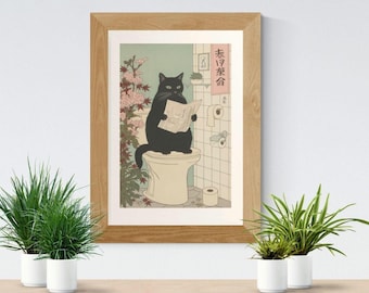 Arte em pôster fosco de gato preto japonês no vaso sanitário: Arte de parede divertida para banheiro