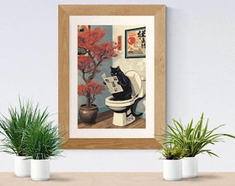 Gato preto japonês no vaso sanitário (Download digital): Arte de parede divertida para banheiro