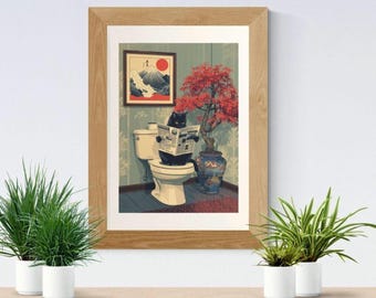 Gato preto japonês no vaso sanitário (Download digital): Arte de parede divertida para banheiro
