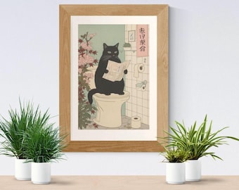 Gato preto japonês no vaso sanitário (Download digital): Arte de parede divertida para banheiro