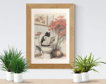 Arte digital com gato preto japonês no vaso sanitário: Arte divertida para parede do banheiro e decoração de casa.