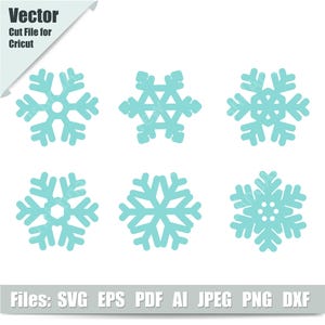 May include: Six different snowflake designs in a light blue color. The snowflakes are all symmetrical and have a variety of different patterns.