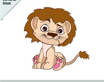 May include: A cartoon illustration of a brown lion cub with a pink nose and pink paw pads. The lion cub is sitting with its tail curled behind it.