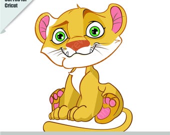 May include: A cartoon illustration of a cute, yellow lion cub with green eyes and pink ears. The lion cub is sitting with its tail curled around its body.