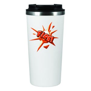 May include: White travel mug with a red and orange cartoon explosion graphic that says "FIRE!" on it.