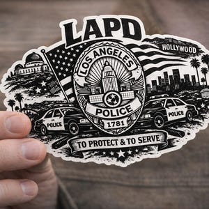 May include: A monochrome LAPD sticker depicting the Los Angeles Police Department badge, two police cars, the American flag, and the Hollywood sign. The sticker's text reads "TO PROTECT & TO SERVE".