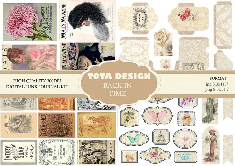 Back in Time Digital Junk Journal Kits, Junk Journal Supplies, Junk