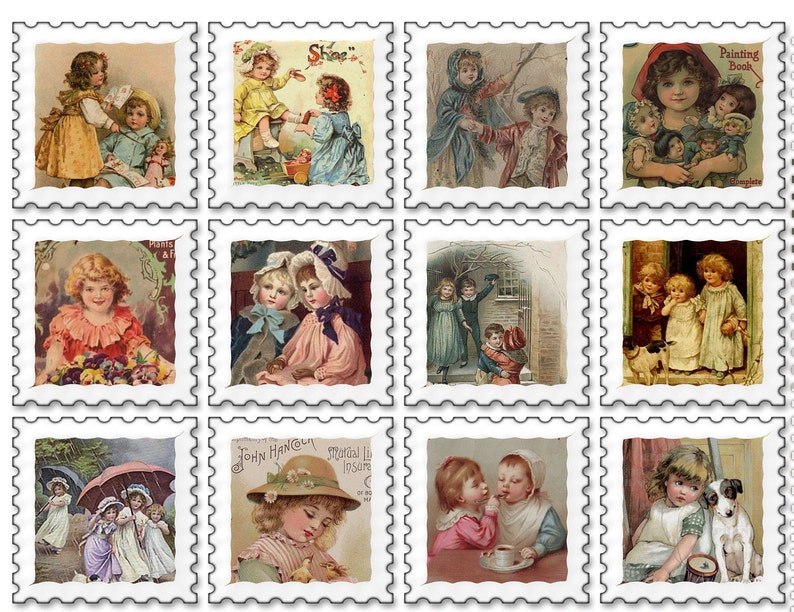 Vintage Kids Postage Stamps Printable Sheet, Vintage Collage Sheet ...