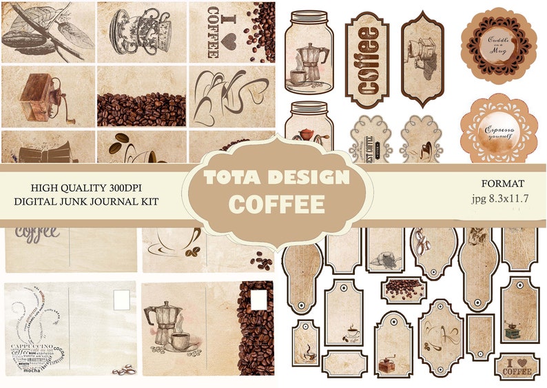 Coffee Digital Junk Journal Kits, Junk Journal Supplies, Junk Journal