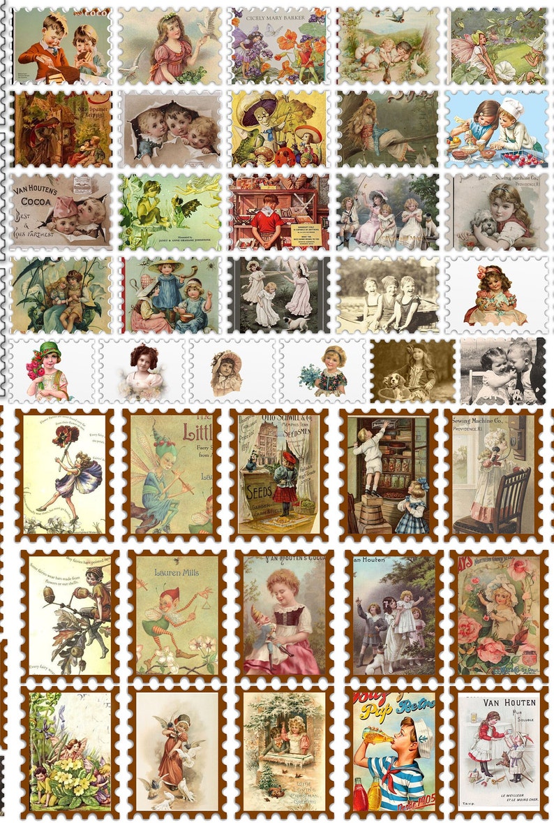 Vintage Kids Postage Stamps Printable Sheet, Vintage Collage Sheet ...