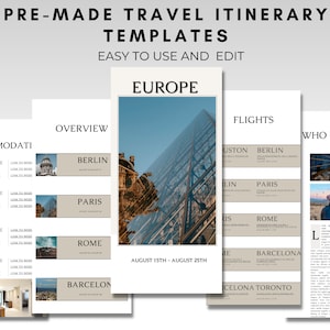 May include: A set of five printable travel itinerary templates for a trip to Europe. The templates include sections for accommodation, overview, flights, and who we are. The templates feature photos of European cities and landmarks.
