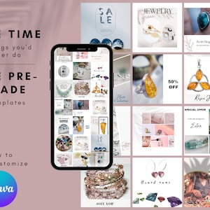 GEMSTONE JEWELRY POSTS for Instagram Editable Template Bundle Crystals Gems Birthstone Spiritual Boho Promotions New Arrivals Quote