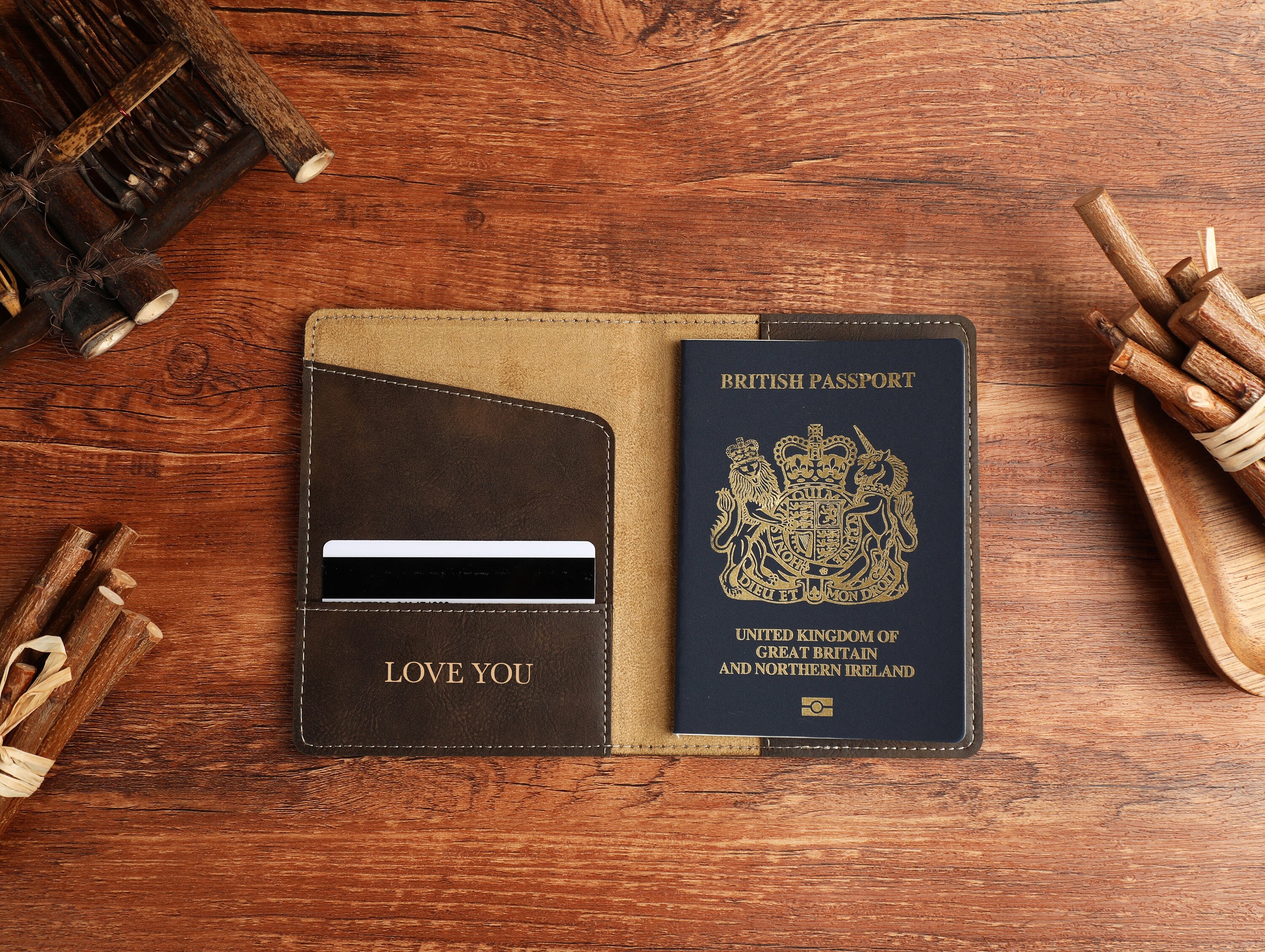 Custom Leather Passport Holder With Luggage Tag, Engraved Passport