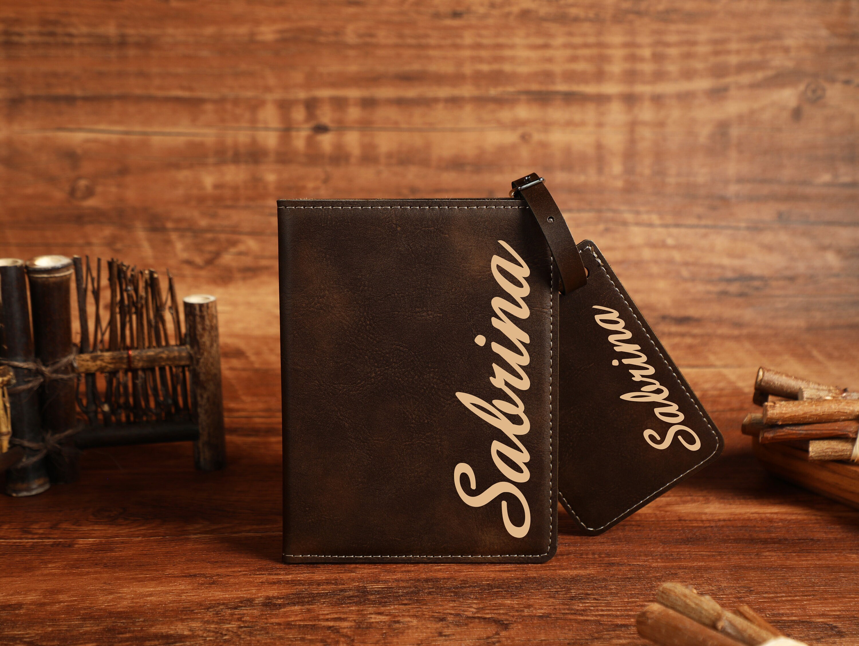 Custom Leather Passport Holder With Luggage Tag, Engraved Passport