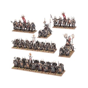 May include: A set of black and silver miniature figures depicting a fantasy army. The figures are arranged in rows and columns, with some figures mounted on horses. The figures are holding swords, spears, and other weapons. The figures are painted in a variety of colors, including black, silver, red, and gold.