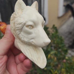 May include: Ivory-colored pipe featuring a detailed wolf head carving. The wolf's face is intricately sculpted, showcasing its features. The pipe's stem is a contrasting brown and orange color.
