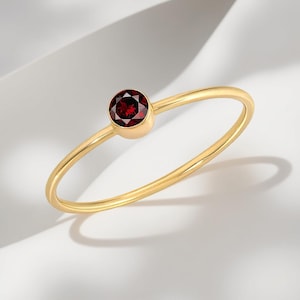 Dainty 14K Gold Garnet Ring: Minimalist Stackable Jewelry