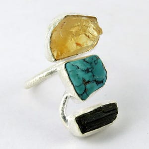 Raw Citrine Turquoise black tourmaline Ring Adjustable Sterling Silver Crystal Ring Boho Statement Gemstone Jewelry healing crystal ring