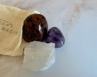 Konzentrationssteine - Obsidian - Amethyst - Bergkristall - Heilstein set
