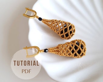 Beading tutorial earrings, Boho earrings PDF pattern, Beaded lace drop earrings, Seed bead netting stitch, Gift for beader, Gift for crafter