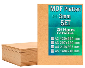 AtHaus MDF 3 mm Thin Wooden Panels SET A2 A3 A4 A5 Cutting for crafting, painting, engraving, laser cutting, model making, laser, CNC router