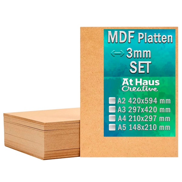 AtHaus MDF 3mm Dünne Holz-Platten SET A2 A3 A4 A5 Zuschnitt zum Basteln, Bemalen, Gravur, Laserschnitt, Modellbau, Laser, CNC Router