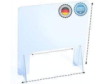 Pantalla de protección contra la saliva AtHaus® fabricada en vidrio acrílico Premium Quality, ancho 60 a 120 cm, altura 60 a 80 cm con o sin mampara de escotilla