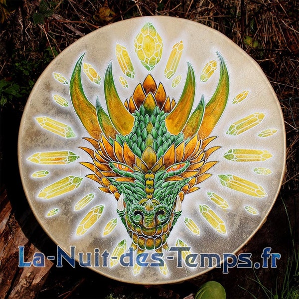 Tambour Chamanique "Le Maître des Cristaux" Dragon vert et jaune