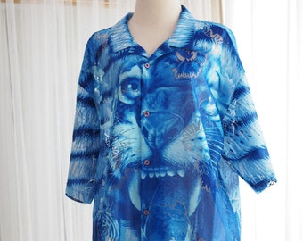 Blue tiger print shirt, rare work, XL size