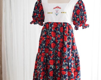 Embroidered Rose Print Midi Dress, Vintage Babydoll, Puff Sleeve, One of a Kind