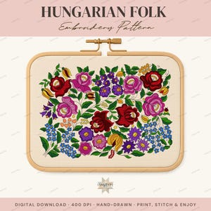 May include: A rectangular wooden embroidery hoop containing a fabric panel with a colorful floral design. The text HUNGARIAN FOLK Embroidery Pattern appears above the hoop. The design features red, pink, purple, and yellow flowers with green leaves.