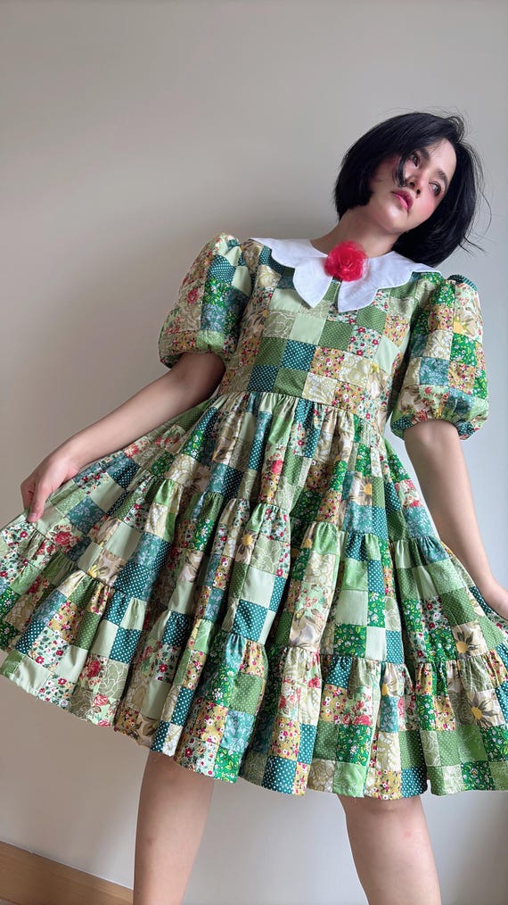 green patchwork dress Babydoll With Puff Sleeves | Inspired | Handmade High Cover List 2025 w8